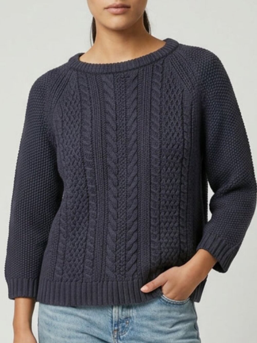 J. Crew 100% Cotton Cable Knit Chunky Sweater Navy Size M